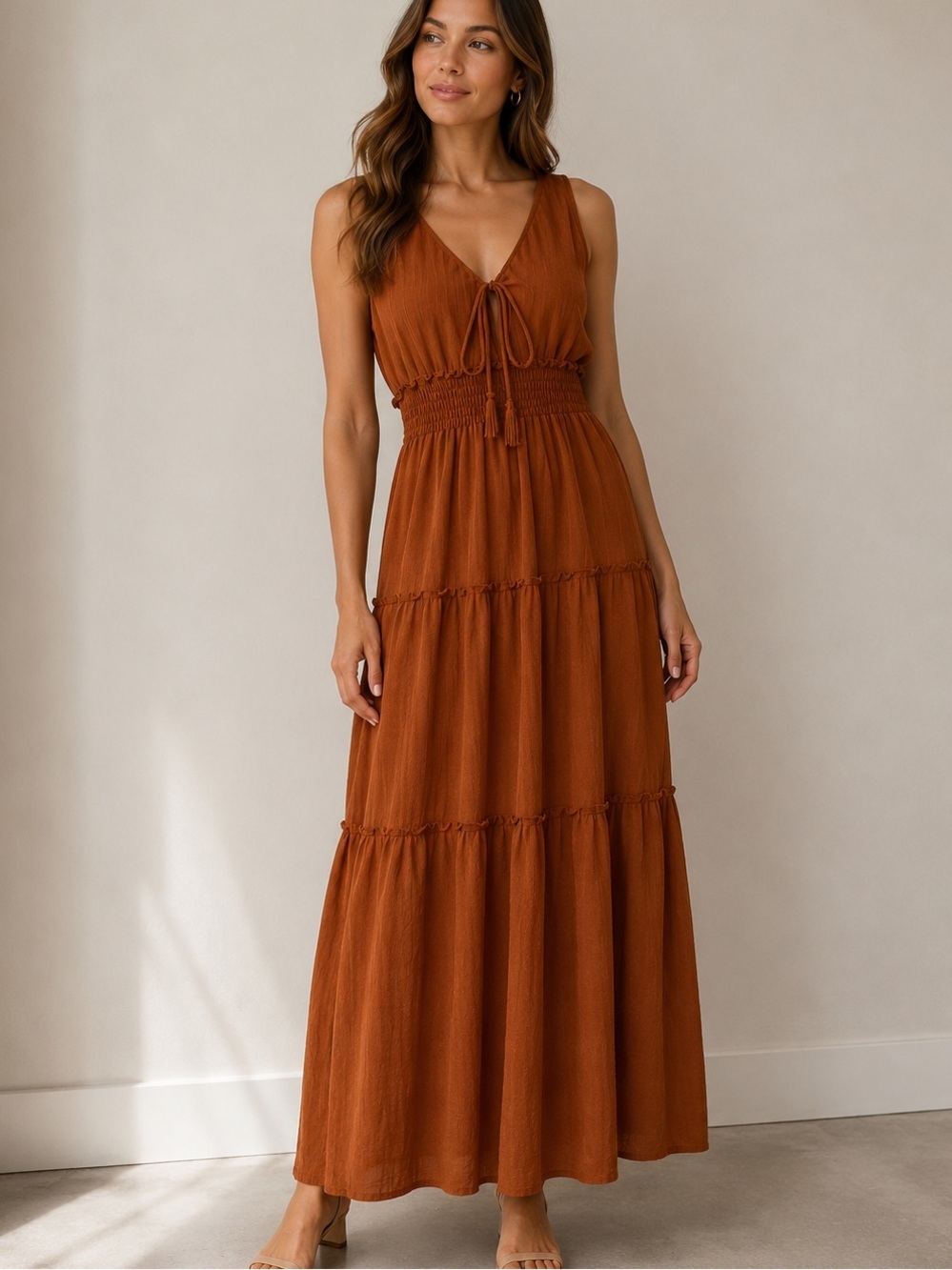 TAYLOR Rust Boho Tiered Maxi Dress Smocked Waist Cottagecore Maxi M